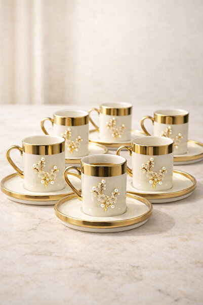 YzHome 6 Kişilik Lüks Beyaz Gold Yaldızlı İnci Lotus Kahve Fincan Takımı Seti...