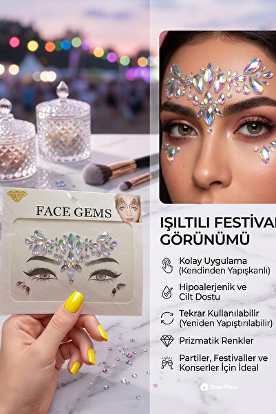 BearPear Holografik Damla Yüz Taşı Seti Kendinden Yapışkanlı Kristal Taşlar