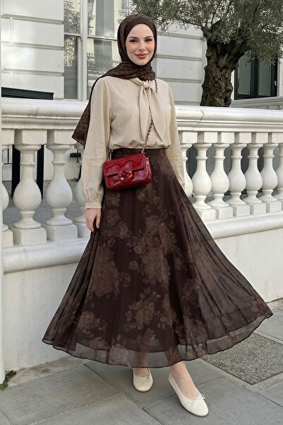 InStyle Μαλακή φλοράλ καφέ φούστα σιφόν με φαρδιά γραμμή