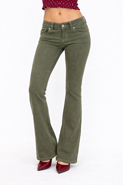 Messy Girls Lycra Χαμηλόμεσο Χακί Πράσινο Flare Bootcut Τζιν Παντελόνι Καλοκα...