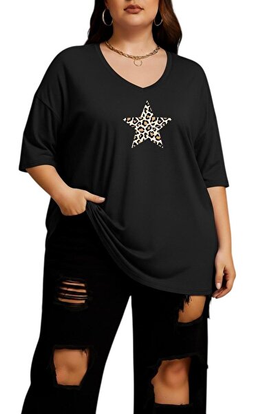 DM DOLCE MORE Leopard Star Printed V-Neck Plus Size Oversize T-Shirt 2Cz1