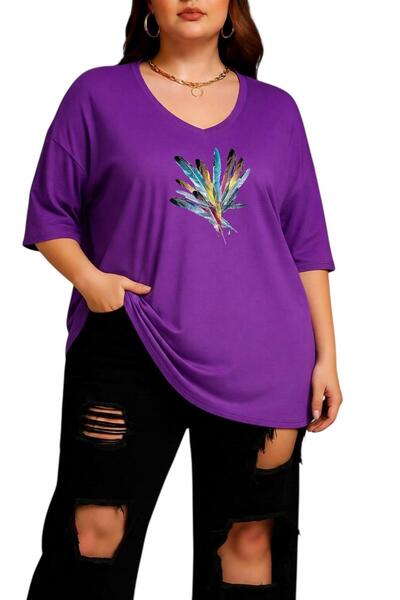 BENROMA TRICOU OVERSIZE CU GULER ÎN V ȘI IMPRIMEU COLORAT CU PENE 2CZ5