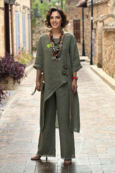 Nevin Kaya Moda Ιταλικό λινό σετ με χακί αγκράφα