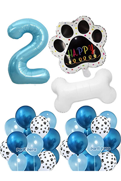 parti pera Kedi Köpek Doğum Günü Balon Seti Kemik Pati Folyo Balon Mavi Rakam...