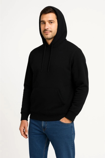 Generic Brand Men's Three Thread K Hooded Kangaroo Pocket Weathirt Hoodie Black