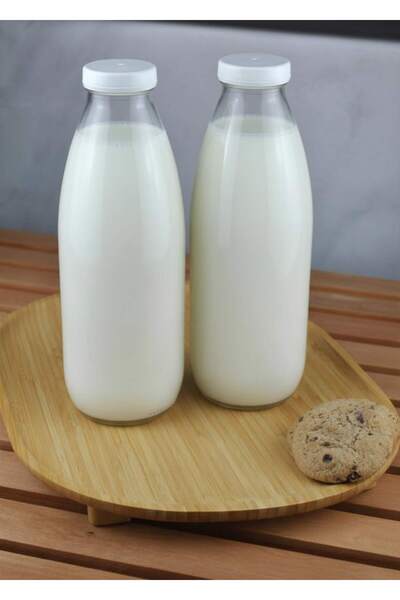 Qualitev 2 Pieces White Plastic Cap Glass Bottle 1 Liter Transparent Jug Milk...