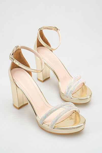 Rella Gold Color Stone-Embellished Platform Heeled Evening Dress Sandals Wome...