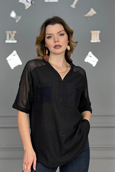 Bİ.GİYSEN Γυναικείο ΜΑΥΡΟ πουκάμισο από οργανικό βαμβάκι και λινό ύφασμα με λ...