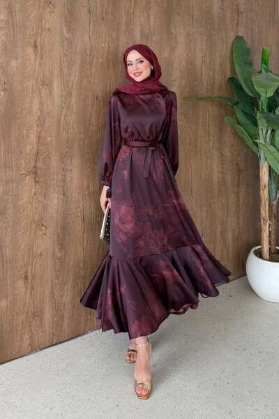 Şulemoda Giyim Σατέν φόρεμα με σχέδια Melike σε μπορντό