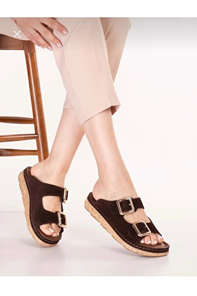 Deripabuc Γυναικείες δερμάτινες παντόφλες από γνήσιο δέρμα καφέ σουέντ DP85-0200