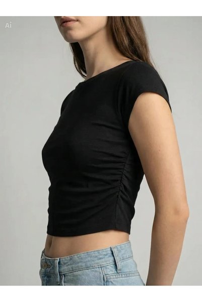 MAYOPORT Women's Kayik Collar Side Ruched Ribbed Crop T-Shirt