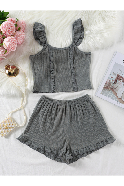 Take Two By Styli Charcoal Textured Ruffle Cami and Shorts Set