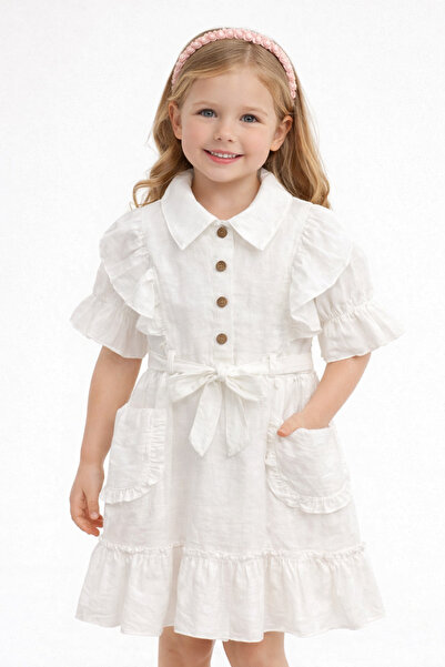 DUBAİ ÇOCUK Girl's White Ruffle Dress Buttoned Summer Stylish Linen Look Dress