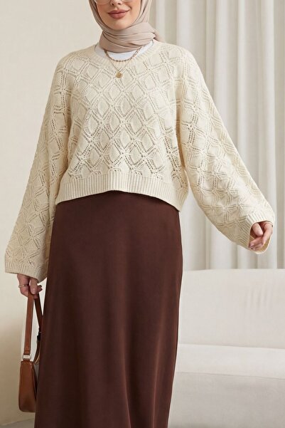 Modamorfo Πλεκτό πουλόβερ με στρογγυλή λαιμόκοψη και μανίκια νυχτερίδας - κρεμ