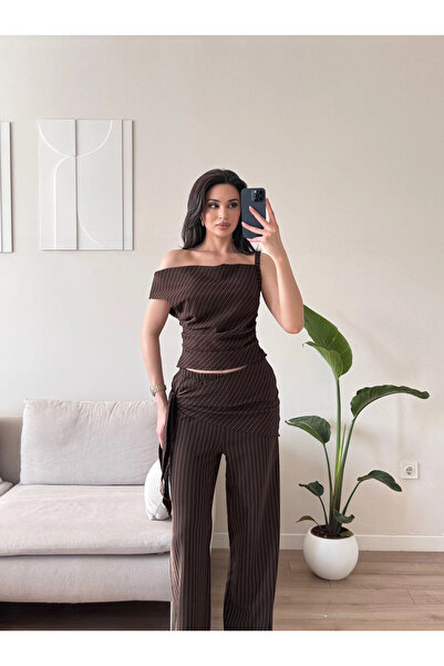 Zoom Butik Çizgili Düşük Omuz Üçlü Takım - KAHVE