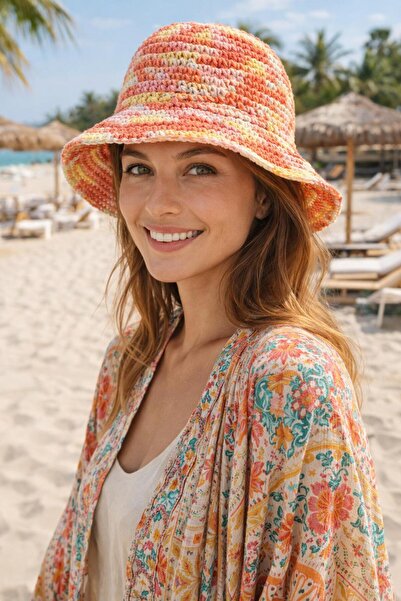 BALIENTE Πορτοκαλί Πλεκτό στο χέρι Γυναικείο Καπέλο Bucket