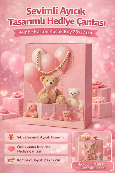 Tamsena Store Sevimli Ayıcık Tasarımlı Hediye Çantası Pembe Karton Küçük Boy ...