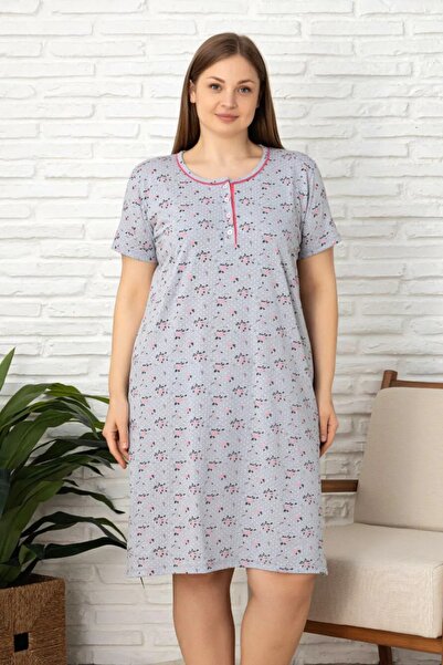 TOSKI Κοντομάνικο νυχτικό μεγάλου μεγέθους με γκρι λουλούδια