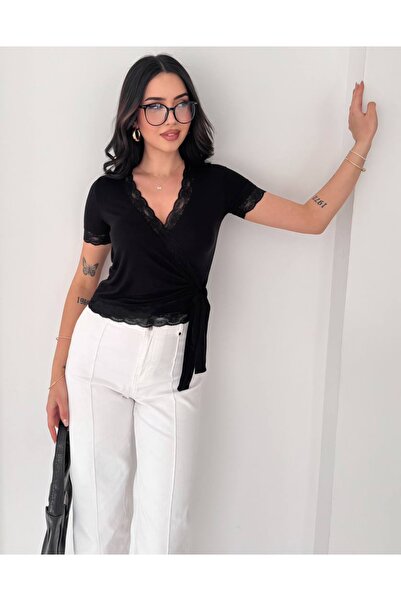 Noa&Noa Δαντελένια μπλούζα με διπλό στήθος και δέσιμο στο λαιμό