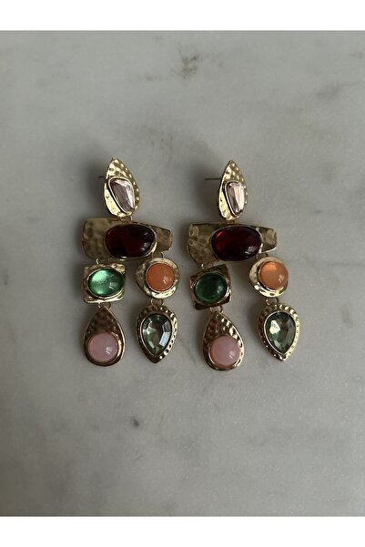 Leorat Store Renkli Taşlı Altın Kaplama Büyük Lüks Küpe
