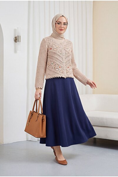 Modamorfo Floral Embroidered Pompom Openwork Knitwear Cardigan -Powder