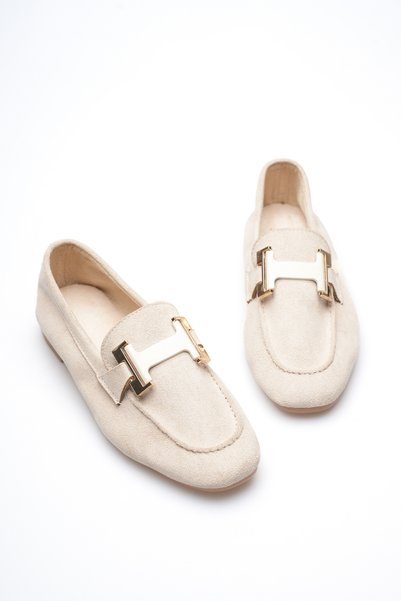 BALANZ Beige Women's H Buckle Loafer Ballet Flats Daily Stylish Comfortable Slip-On Ballet Flats Women's Shoes