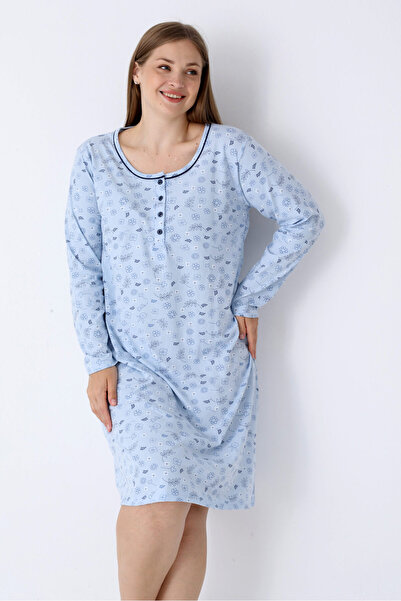 TOSKI Γυναικεία βαμβακερή νυχτικιά μεγάλου μεγέθους, μπλε με λουλούδια