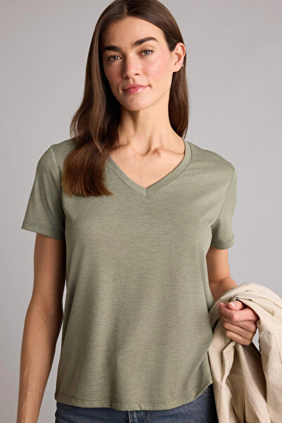 DeFacto W9204AZGN931 Πράσινο μπλουζάκι με κανονική εφαρμογή και λαιμόκοψη V, ...