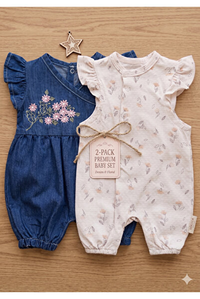 MYZİ STORE Βρεφική φόρμα τζιν για κορίτσια με κεντημένα μανίκια με βολάν και ...