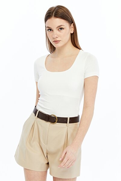 VERANOYA Square Neck Short Sleeve Summer Bodysuit White