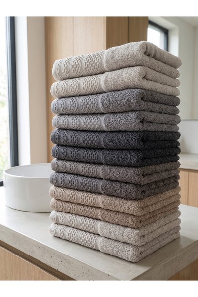 VİENNA Set of 12 Hand and Face Towels 50X90 cm 100% Cotton 6 Color Soft Absorbent Towels Multi-Purpose Use