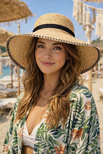 BALIENTE Ψάθινο φαρδύ στρογγυλό γυναικείο καπέλο με λεπτομέρεια από ρίγες σε ...