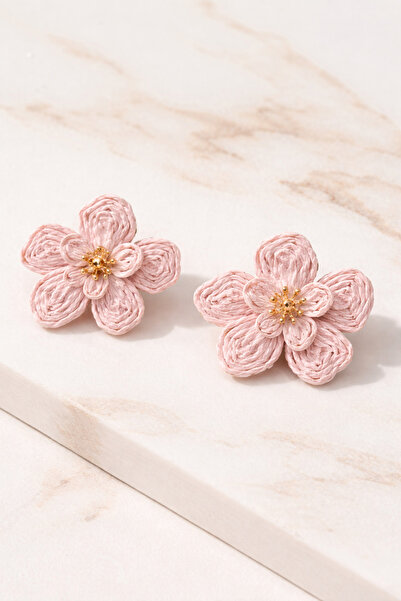 EL YAPIMI Flower Earrings – Wicker Textured Design Powder Pink Summer Model