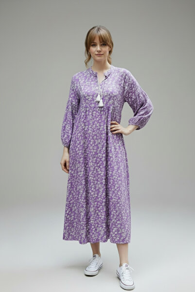 Pitti Γυναικείο λιλά λευκό φόρεμα με τραγανά λουλούδια, φούντες και μακριά μα...