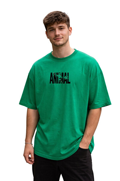 BEETON Unisex Oversize Πράσινο T-Shirt με στάμπα ζώων 100% βαμβάκι Φαρδύ T-Sh...