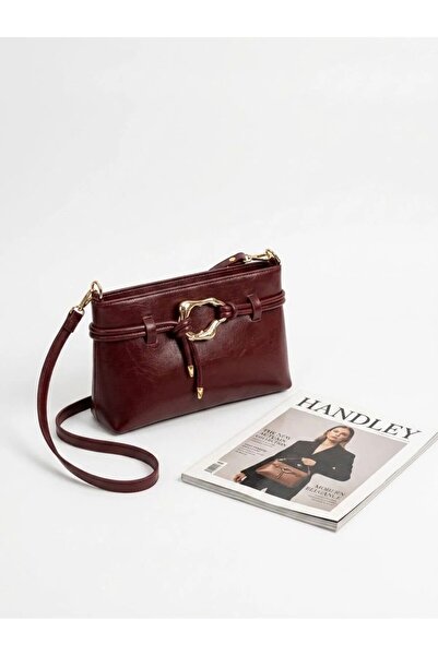 Melos Butik Γυναικεία δερμάτινη τσάντα χειρός και ώμου σε μπορντό χρώμα με χρ...