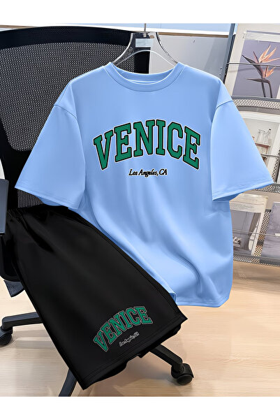 Nivorix طقم مطبوع من VENICE، طقم شورت وتي شيرت