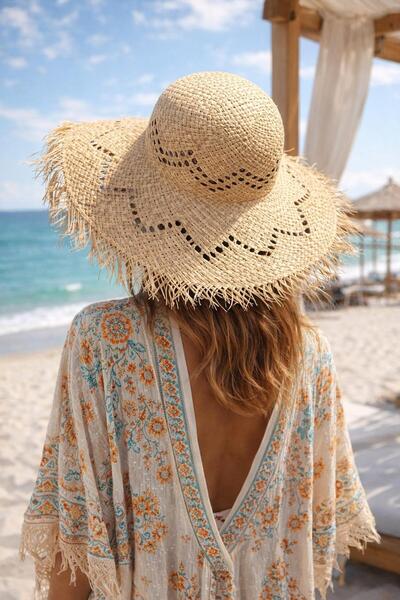 BALIENTE Μπεζ Φαρδύ Στρογγυλό Ψάθινο Γυναικείο Καπέλο