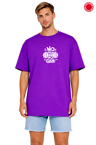 VİBES Unisex Oversize Μωβ μπλουζάκι No Pain No Gain με στάμπα 100% βαμβάκι Αθ...