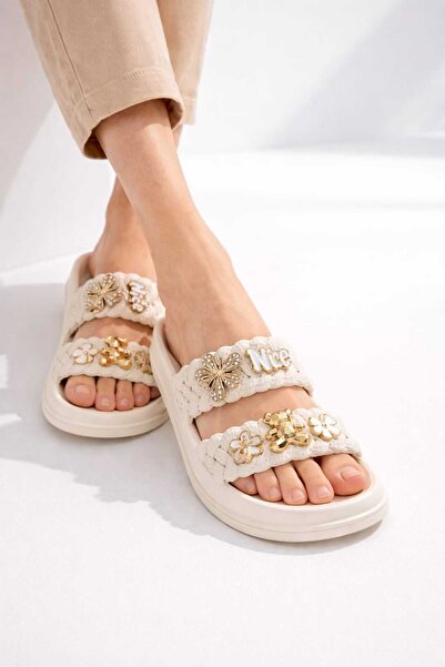 Slipcat Γυναικείες άνετες παντόφλες με λουλουδάτη λεπτομέρεια και πλεκτό λουρ...