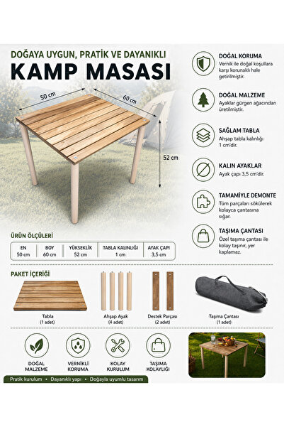 MervishDecor Dayanıklı Ahşap Kamp Ve Piknik Masası (Taşıma Çantalı, Demonte) ...