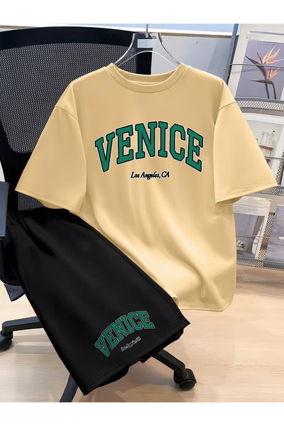 Nivorix طقم مطبوع من VENICE، طقم شورت وتي شيرت