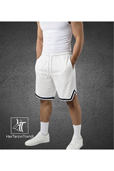 HerTarzınTrendi Ανδρικό λευκό χτενισμένο βαμβακερό σορτς Αθλητικό σορτς Βερμο...