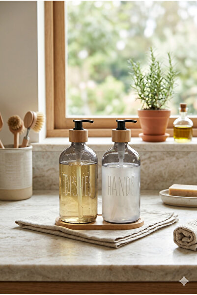 Homerest 2'li Cam Sabunluk Seti Ahşap Standlı Mutfak Banyo Sıvı Sabunluk Bula...