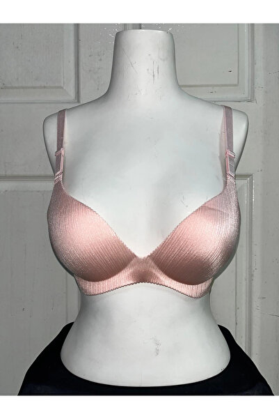 F.K Women's Stripe Patterned Supported Laser Cut Pink Bra
