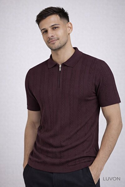 LUVON Plum Polo Collar Half Zipper Men's T-Shirt