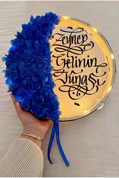 ZEYMERADE Saks Mavi Ledli Şeffaf Gelin Tefi 32cm, 3d Çiçek Süslemeli, Düğün S...