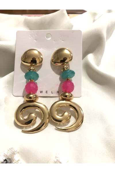 Home Gold, Green, Pink Detailed Hanging Earrings