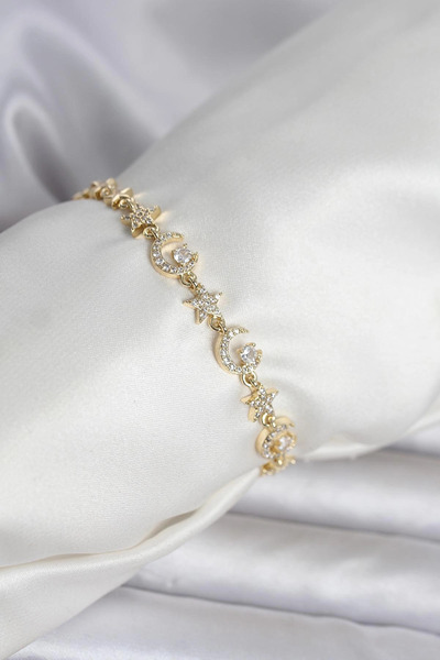 İsmiyle Al Brass Gold Color Zircon Stone Moon and Star Model Women's Bracelet