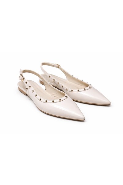 Noliva Beige Patent Leather Ballerinas – Pointed Toe Women's Ballerinas with Stone Detail |   Stylish Casual & Evening Shoes